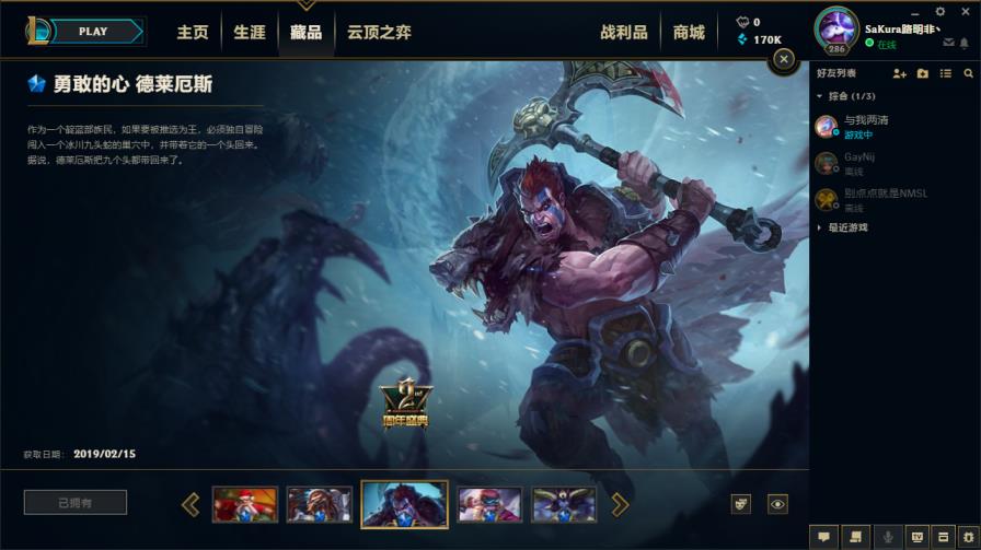 550皮肤✔酒桶冰原核弹✔IG卡莎✔海克斯摄魂VN✔哥特萝莉钢铁军团盖伦拉克丝周年限定诺克勇敢的心源