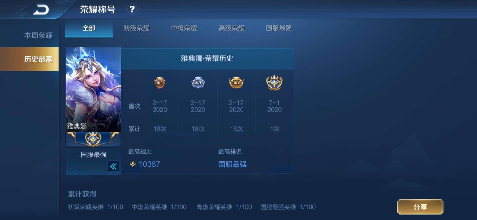 王者荣耀租号平台一元 限时特价[明天恢复]7月抢先服国服雅典娜 冰冠公主